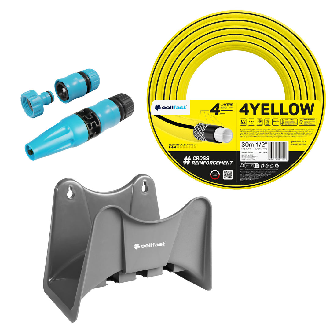 Cellfast 4YELLOW tuinslang 1/2" 30 m + Cellfast grijze slanghouder + set met Cellfast Basic rechte sproeier 1/2"