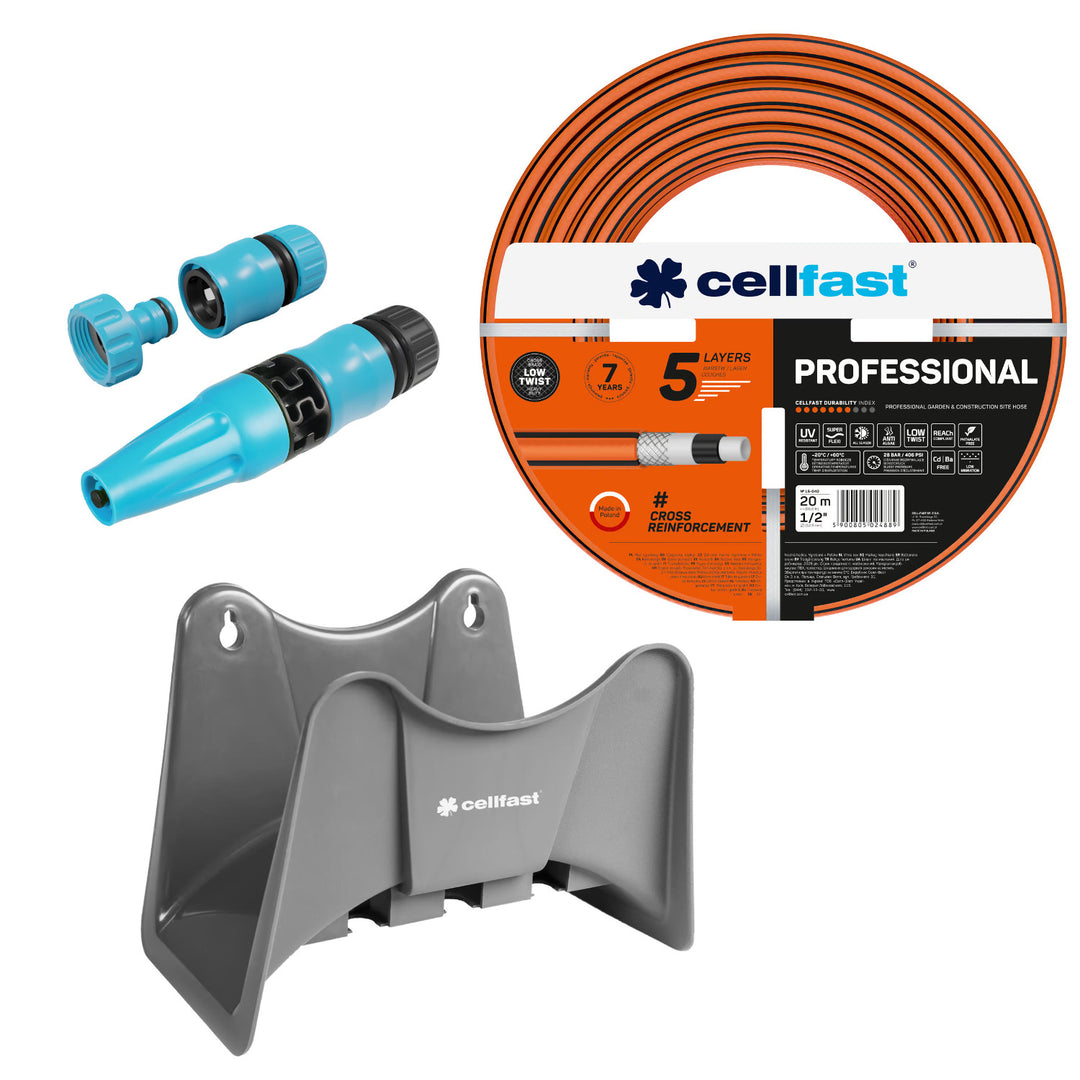 Cellfast-tuinslang, PROFESSIONAL 1/2" 20 m + Cellfast-slanghouder (grijs) + set met Cellfast Basic-sproeier (1/2")