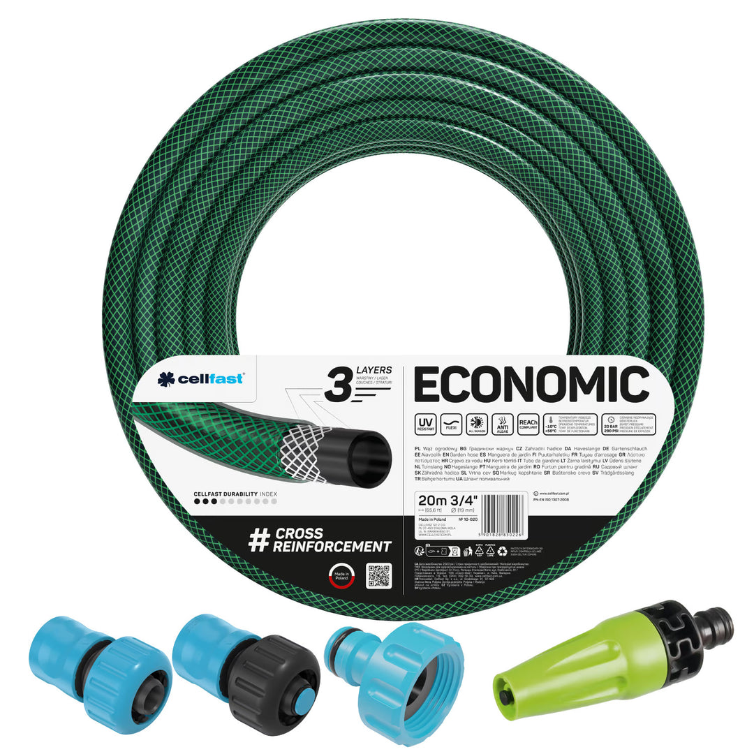 Cellfast Economic tuinslang 3/4" 20 m + rechte sproeier + aansluiting met binnendraad 3/4" + doorvoer- en afsluitkoppeling 3/4"