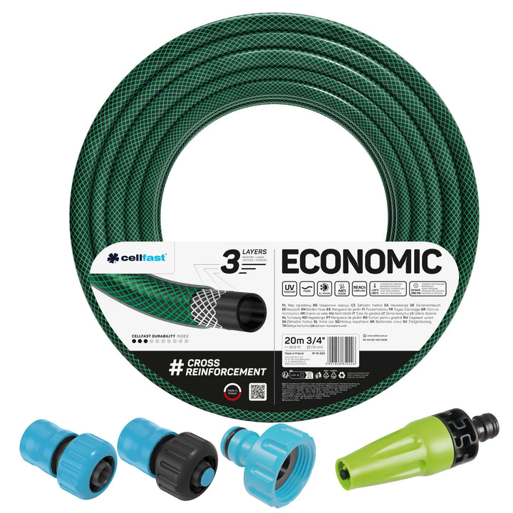 Cellfast Economic tuinslang 3/4" 20 m + rechte sproeier + aansluiting met binnendraad 3/4" + doorvoer- en afsluitkoppeling 3/4"