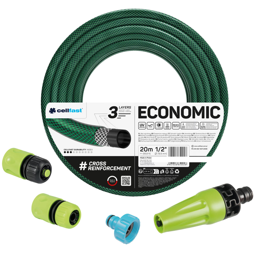 Cellfast Economic tuinslang 1/2" 20 m + rechte sproeier + aansluiting met binnendraad 3/4" + doorvoer- en afsluitkoppeling 1/2"