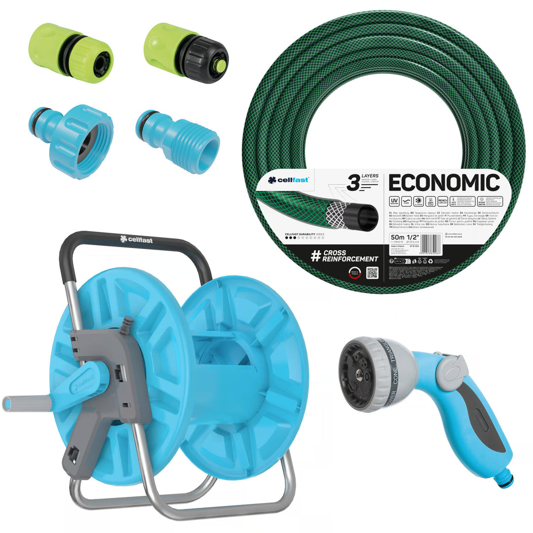 Tuinslang Economic 1/2" 50 m + standaard, aansluiting met binnendraad 3/4", aansluiting met buitendraad 1/2", doorstroom- en stop-snelkoppeling 1/2" + 8-standen sproeipistool Cellfast Mix Ideal