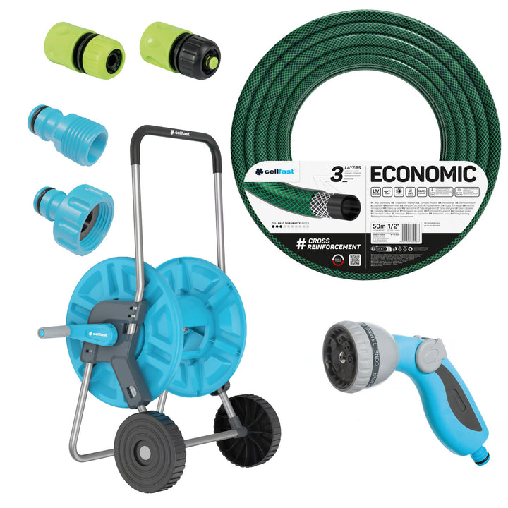 Tuinslang Economic 1/2" 50 m + karretje, aansluiting met binnendraad 3/4", aansluiting met buitendraad 1/2", doorstroom- en stop-snelkoppeling 1/2" + 8-standen sproeipistool Cellfast Mix Ideal