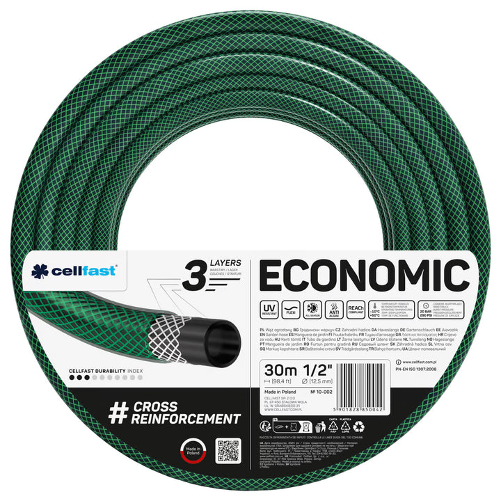 Cellfast Economic tuinslang 1/2" 30 m + houder, aansluiting met binnendraad 3/4", doorvoerkoppeling en stopkoppeling 1/2" + rechte sproeier Cellfast Economic