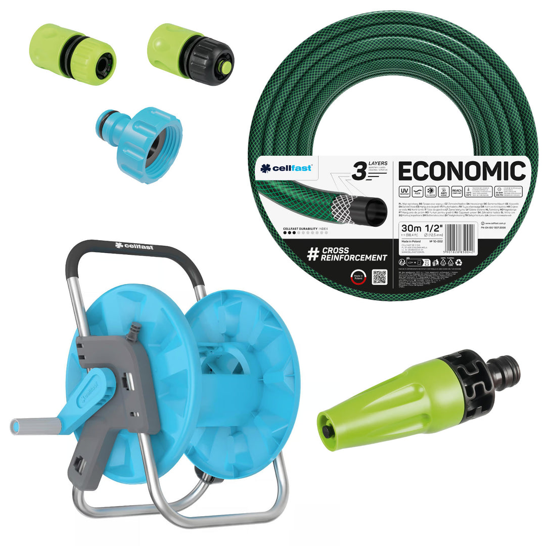 Cellfast Economic tuinslang 1/2" 30 m + houder, aansluiting met binnendraad 3/4", doorvoerkoppeling en stopkoppeling 1/2" + rechte sproeier Cellfast Economic