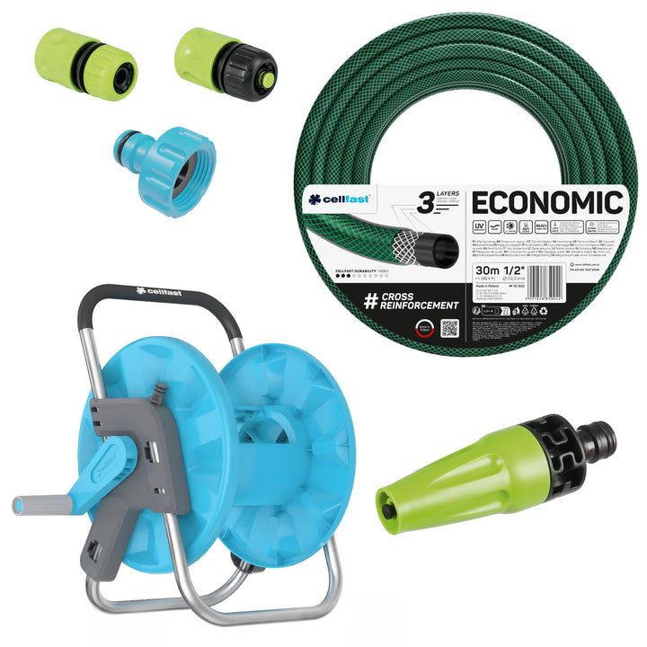 Cellfast Economic tuinslang 1/2" 30 m + houder, aansluiting met binnendraad 3/4", doorvoerkoppeling en stopkoppeling 1/2" + rechte sproeier Cellfast Economic