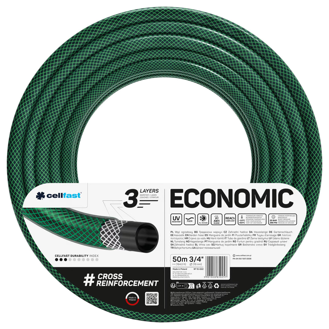 Cellfast Economic tuinslang 3/4" 50 m + snelkoppeling van messing en doorvoerstuk 3/4" + aansluiting met binnendraad 3/4" + draaibare sproeier + pistoolsproeier