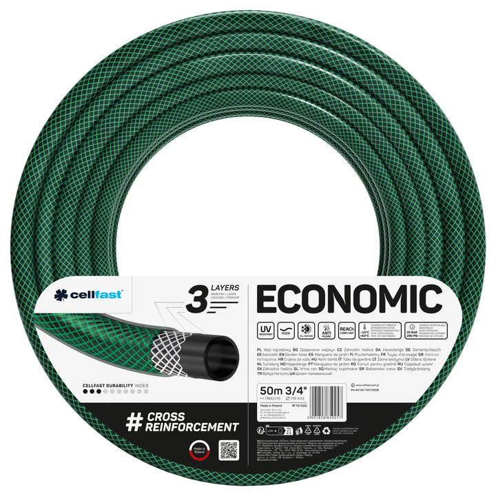 Cellfast Economic tuinslang 3/4" 50 m + snelkoppeling van messing en doorvoerstuk 3/4" + aansluiting met binnendraad 3/4" + draaibare sproeier + pistoolsproeier