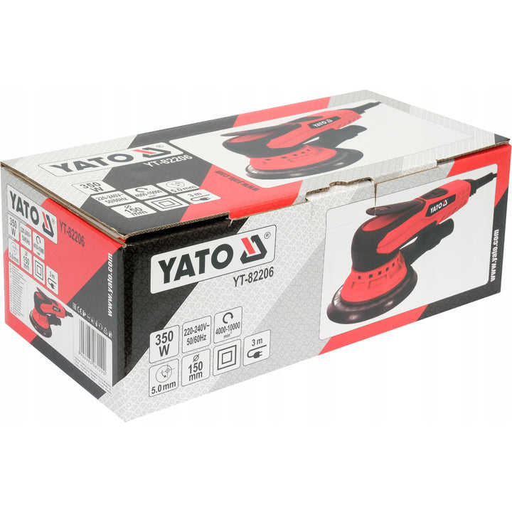 Yato excentrische schuurmachine, 150 mm, vermogen 350 W, toerental 4000-10000 tpm, snoerlengte 3 m, aansluitmogelijkheid voor stofzuiger, YT-82206
