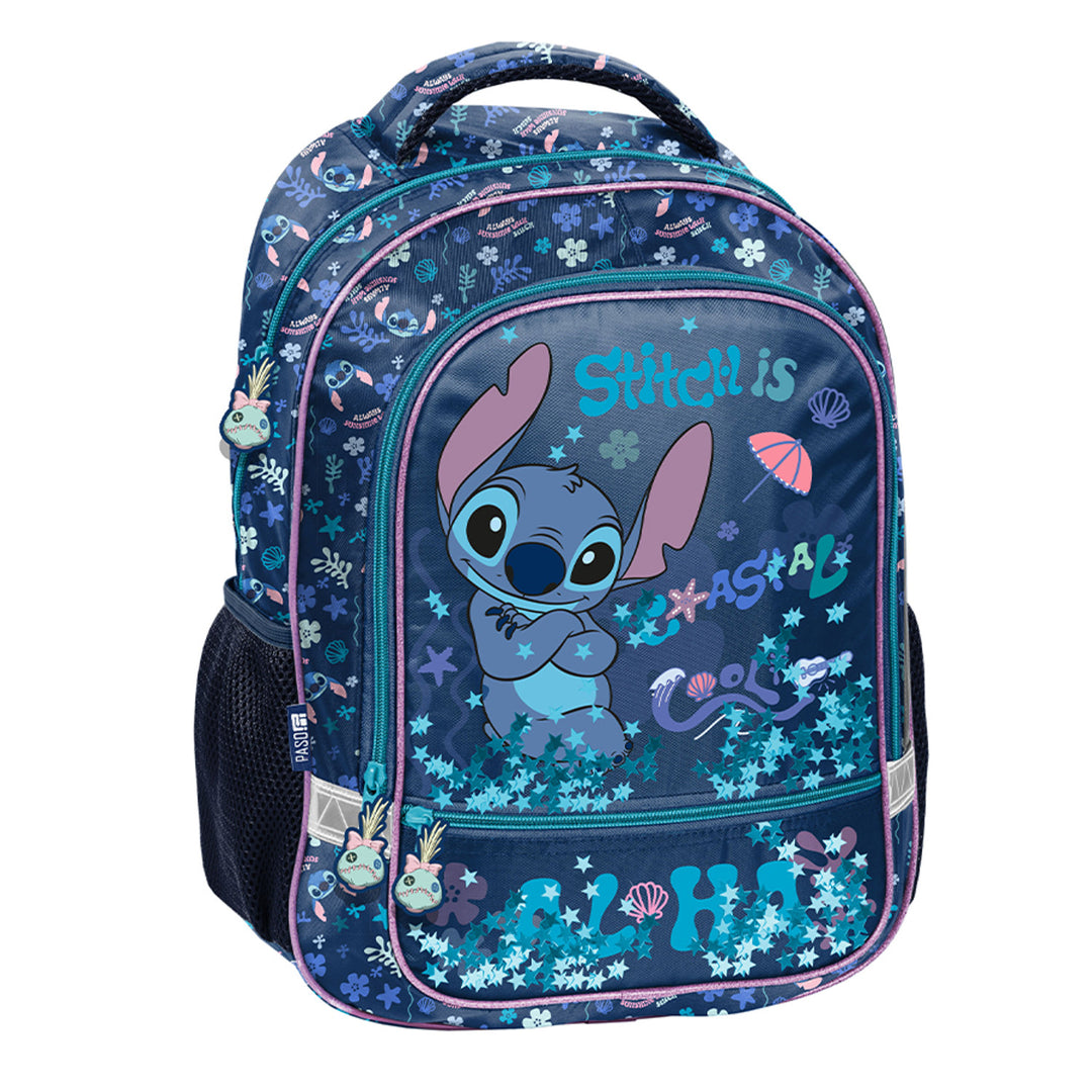 Stitch Paso-schoolset, rugzak met twee vakken, reflecterende elementen en verstevigde rug, etui zonder inhoud en met vakjes voor schrijfgerei, schoenenzak die op de rug kan worden gedragen, DS26XX