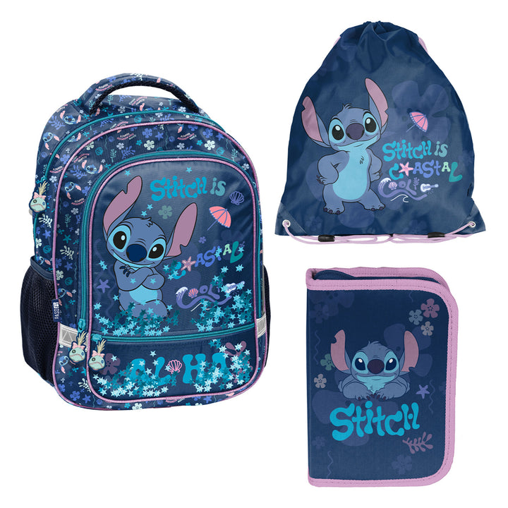 Stitch Paso-schoolset, rugzak met twee vakken, reflecterende elementen en verstevigde rug, etui zonder inhoud en met vakjes voor schrijfgerei, schoenenzak die op de rug kan worden gedragen, DS26XX