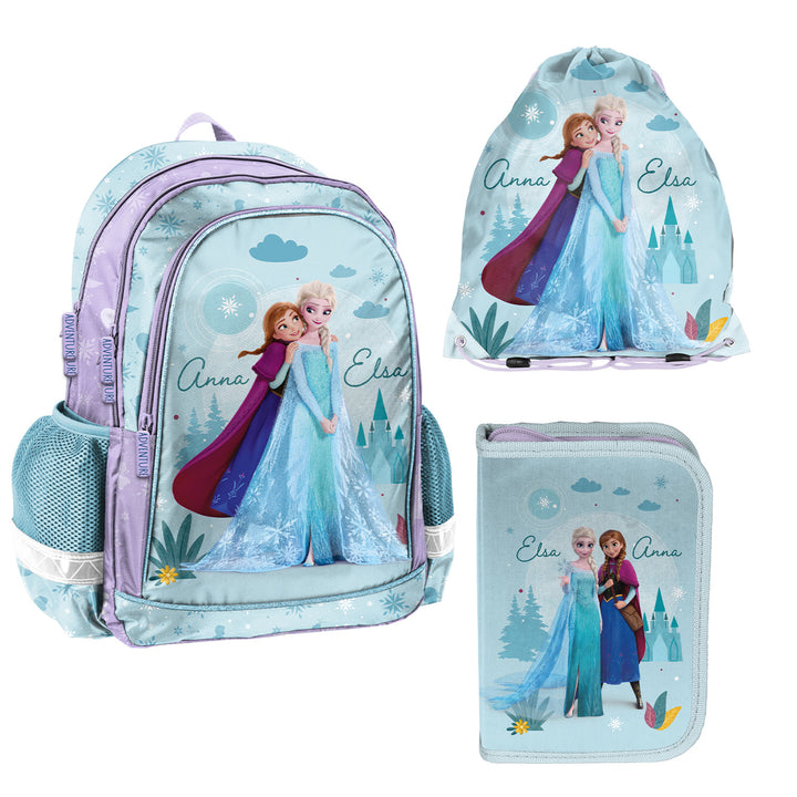 Frozen Paso-schoolset, rugzak met twee vakken, verstelbare schouderbanden en verstevigde rug, etui met benodigdheden en houders voor schrijfgerei, schoenenzak die op de rug kan worden gedragen, DF26AA