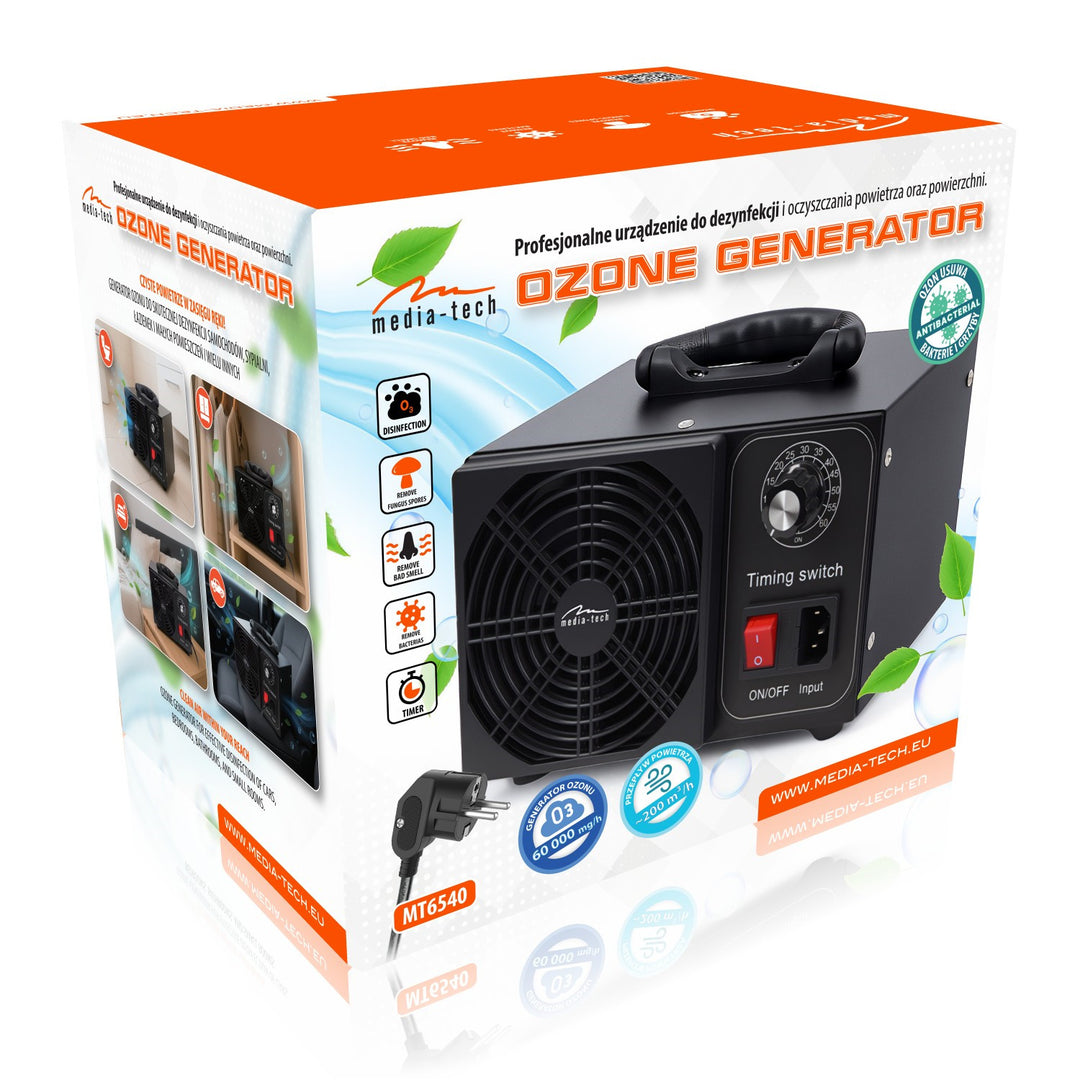 Professionele ozongenerator voor desinfectie en luchtzuivering, Mediatech, Ozonproductie: 60.000 mg/u, TIMER, Vermogen: 140 W, metalen behuizing