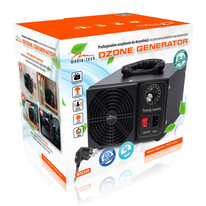 Professionele ozongenerator voor desinfectie en luchtzuivering, Mediatech, Ozonproductie: 60.000 mg/u, TIMER, Vermogen: 140 W, metalen behuizing