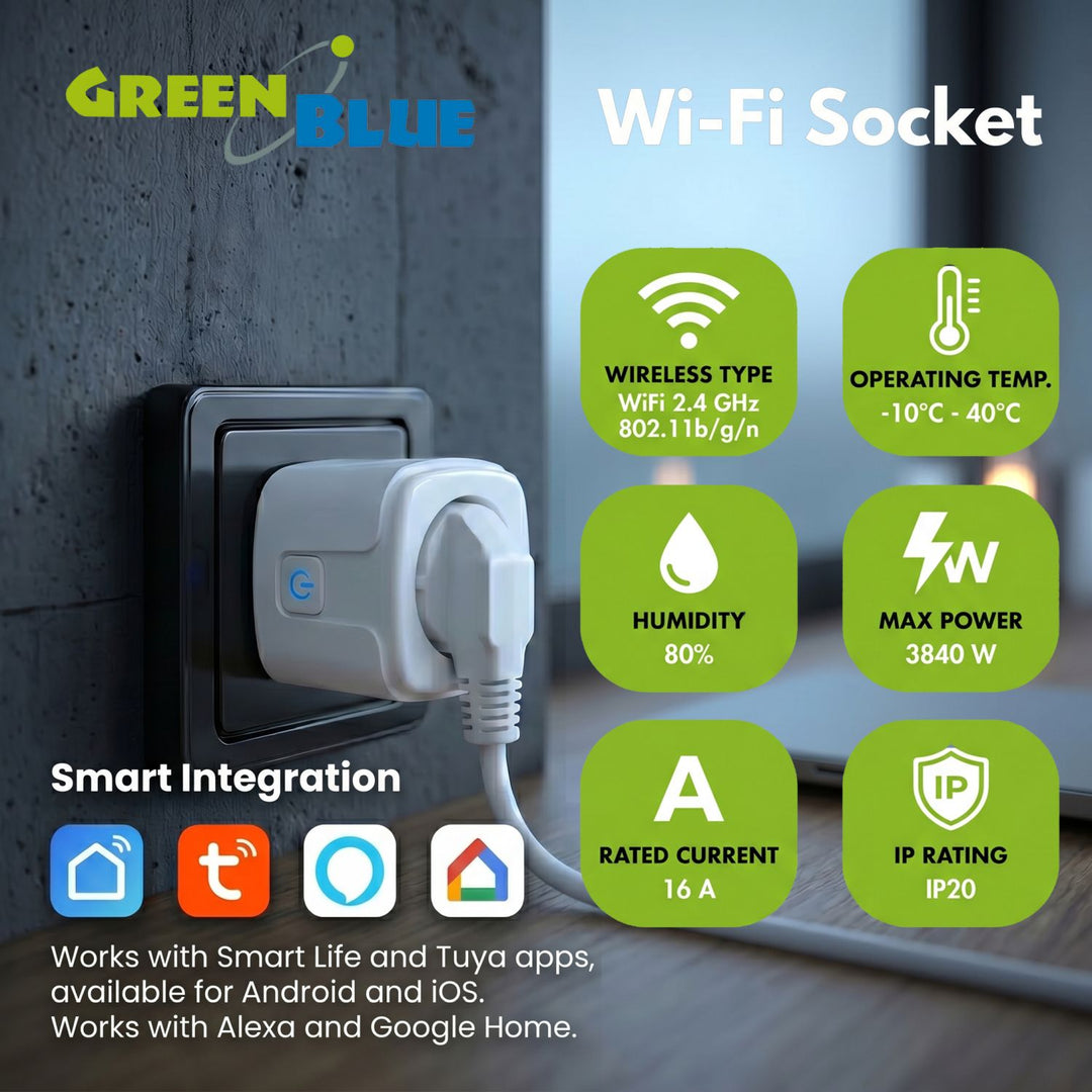 GreenBlue WiFi-stopcontact met afstandsbediening, Android/iOS/Alexa/Google Home, timer, wattmeter, max. 16 A/3840 W, GB735 W, 2 stuks