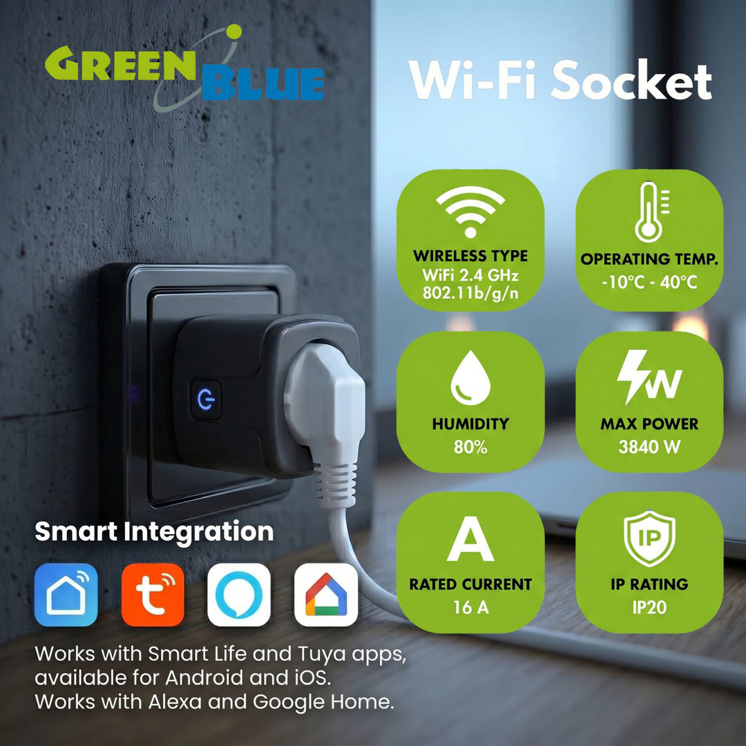GreenBlue WiFi-stopcontact met afstandsbediening, Android/iOS/Alexa/Google Home, timer, wattmeter, max. 16 A/3840 W, GB735 B, 2 stuks