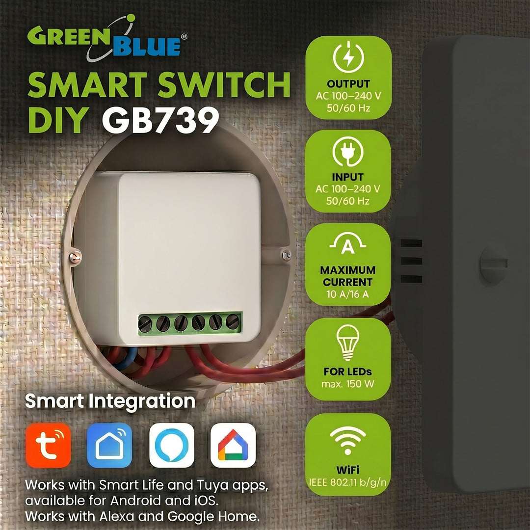 GreenBlue inbouw-wifi-relais, Android/iOS/Alexa/Google Home, 100-240 V AC, 50/60 Hz, max. 16 A, voor LED 150 W, GB739, 2 stuks