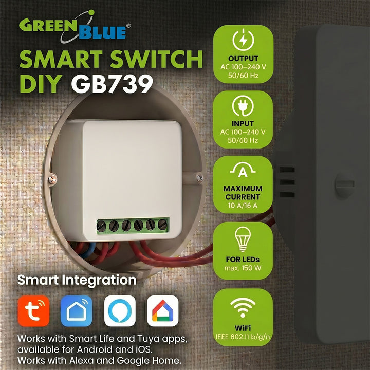 GreenBlue inbouw-wifi-relais, Android/iOS/Alexa/Google Home, 100-240 V AC, 50/60 Hz, max. 16 A, voor LED 150 W, GB739, 2 stuks