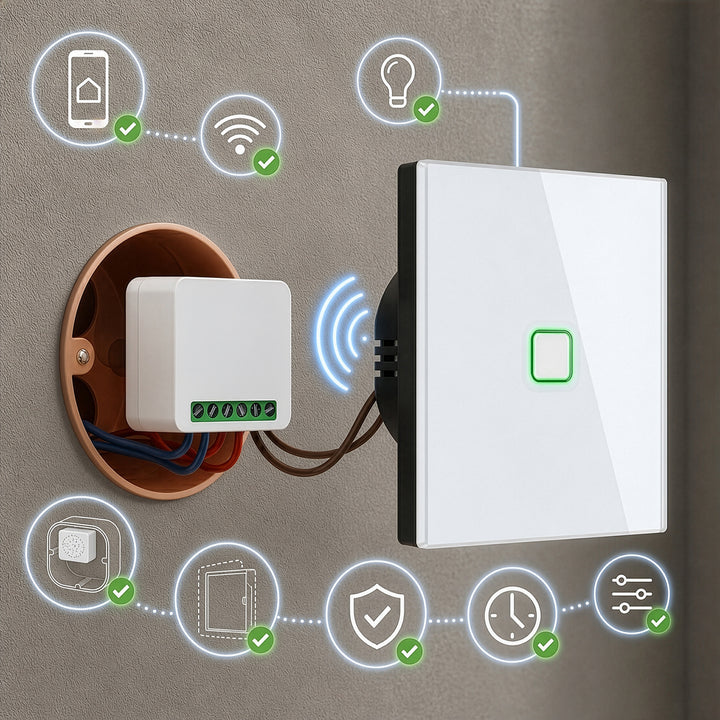 GreenBlue inbouw-wifi-relais, Android/iOS/Alexa/Google Home, 100-240 V AC, 50/60 Hz, max. 16 A, voor LED 150 W, GB739, 4 stuks
