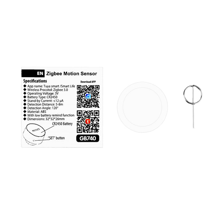 Draadloze Zigbee-bewegingssensor van Tuya GreenBlue, Android/iOS, CR2450 DC 3,0 V, detectiehoek 120° / tot 8 m, GB740, 2 stuks