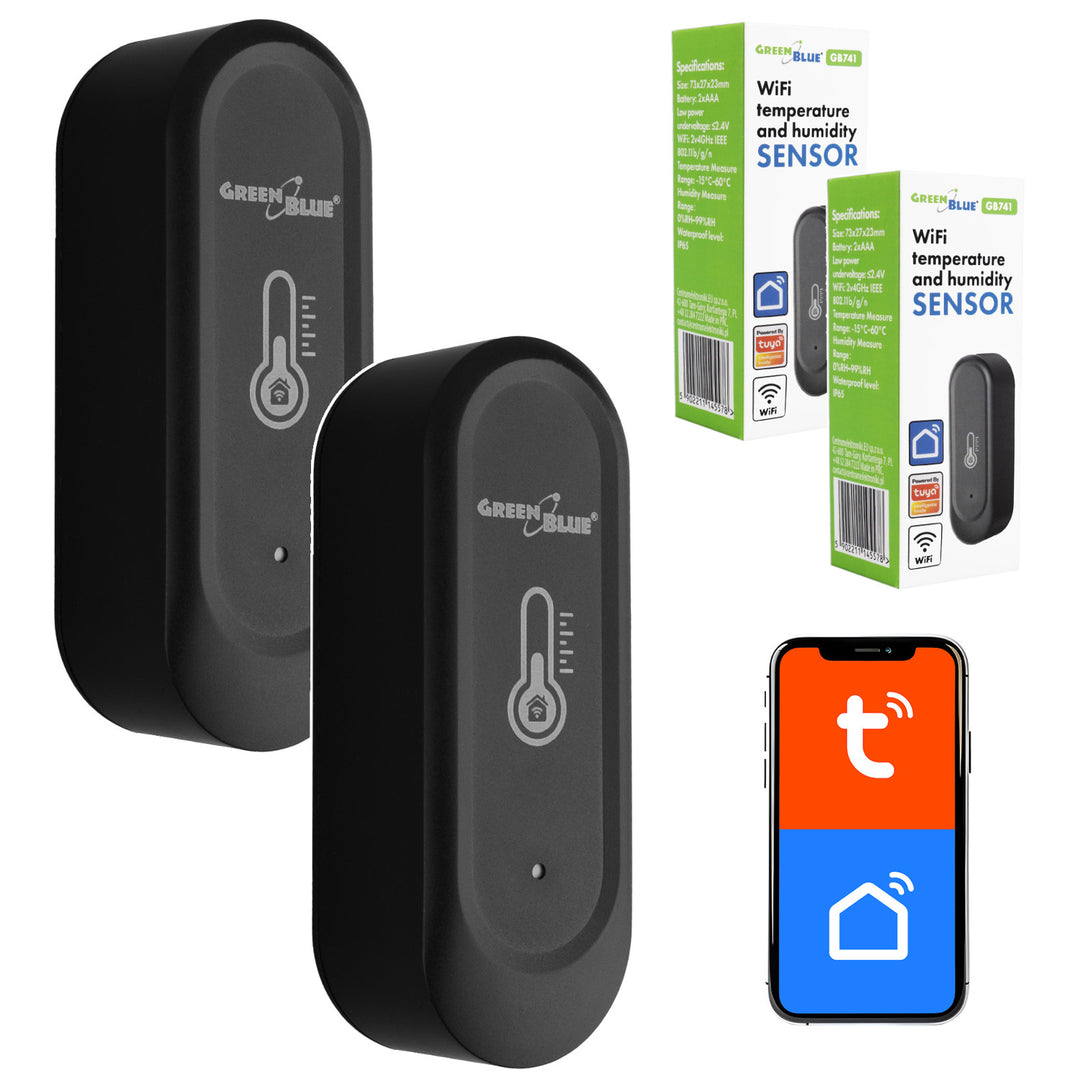 GreenBlue WiFi-temperatuur- en vochtigheidssensor voor buiten, Android/iOS, 3,0 V DC, LR03x2, IP65, GB741, 2 stuks
