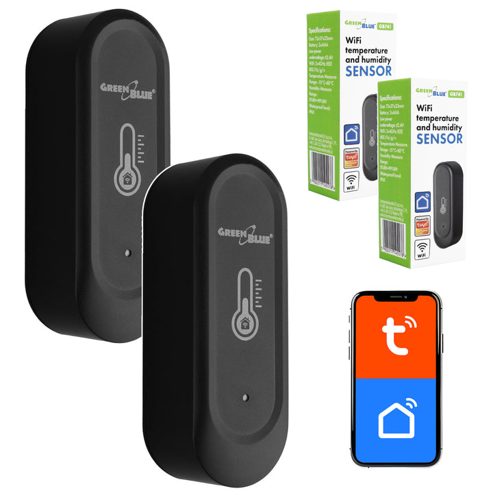 GreenBlue WiFi-temperatuur- en vochtigheidssensor voor buiten, Android/iOS, 3,0 V DC, LR03x2, IP65, GB741, 2 stuks