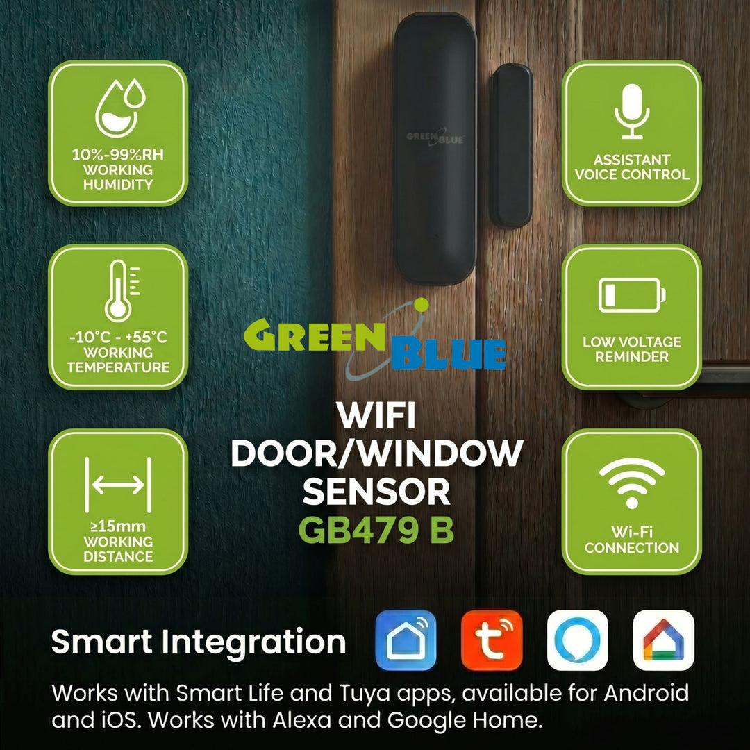 Draadloze reedschakelaar / WiFi-openingssensor van GreenBlue, Android/iOS, voor deuren / ramen, 3,0 V DC, LR03x2, GB479 B, 2 sets