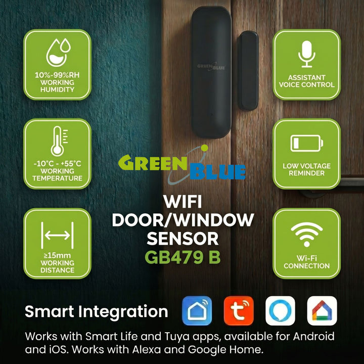 Draadloze reedschakelaar / WiFi-openingssensor van GreenBlue, Android/iOS, voor deuren / ramen, 3,0 V DC, LR03x2, GB479 B, 2 sets