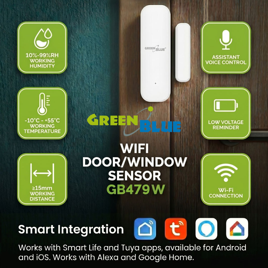 Draadloze reedschakelaar / WiFi-openingssensor van GreenBlue, Android/iOS, voor deuren / ramen, 3,0 V DC, LR03x2, GB479 W, 2 sets