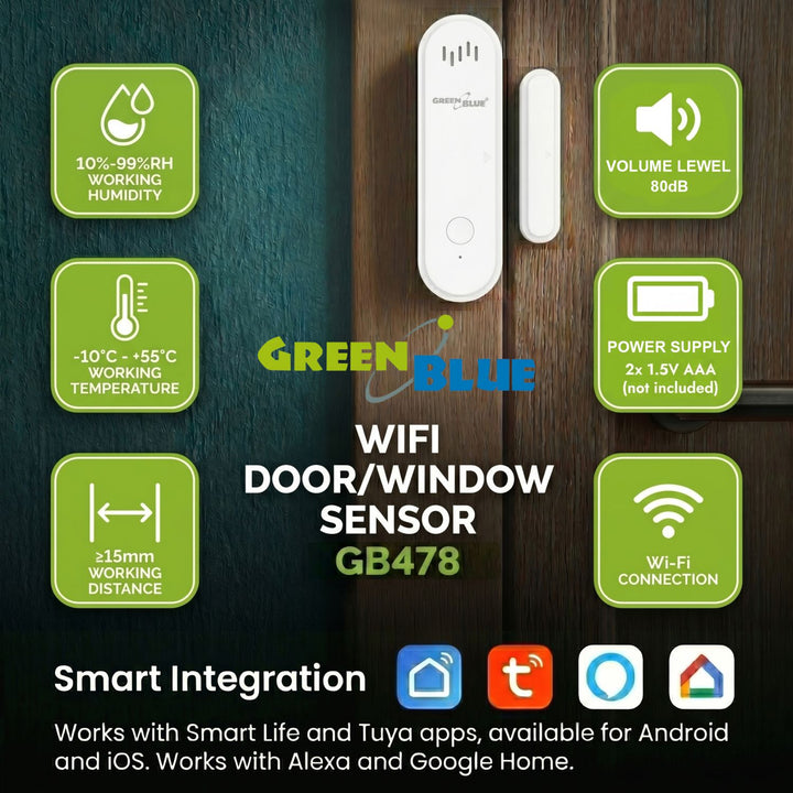 Draadloze reedschakelaar / WiFi-openingssensor van GreenBlue, Android/iOS, voor deuren / ramen, 3,0 V DC, LR03x2, met alarm, GB478, 2 sets