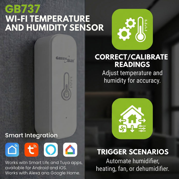 GreenBlue WiFi-temperatuur- en vochtigheidssensor, Android/iOS/Alexa/Google Home, 3,0 V DC, LR03x2, GB737, 2 stuks