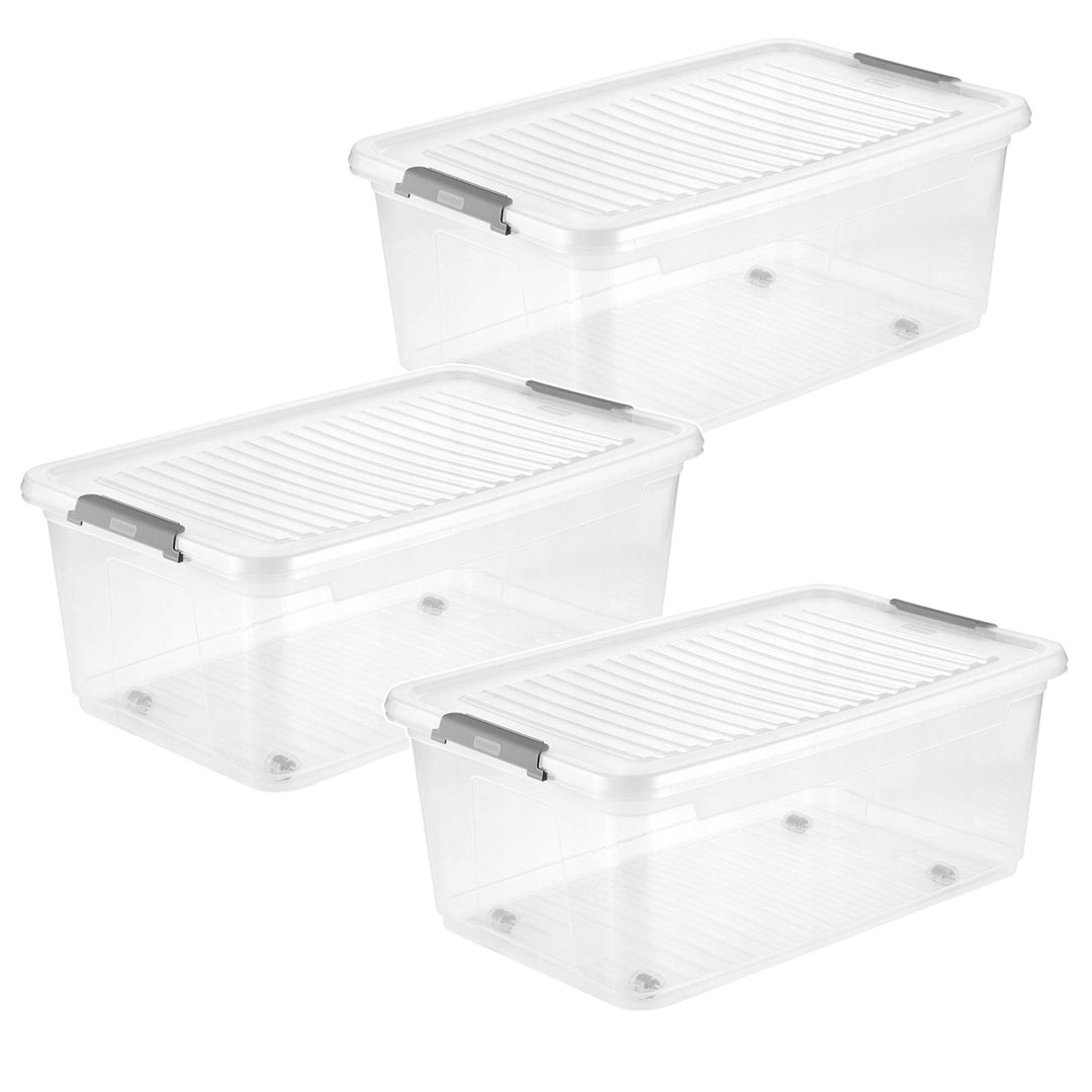Leo Keeeper-bak met deksel, inhoud 37 liter, kleurloos, voorzien van wieltjes, deksel met clips te sluiten, 3 stuks