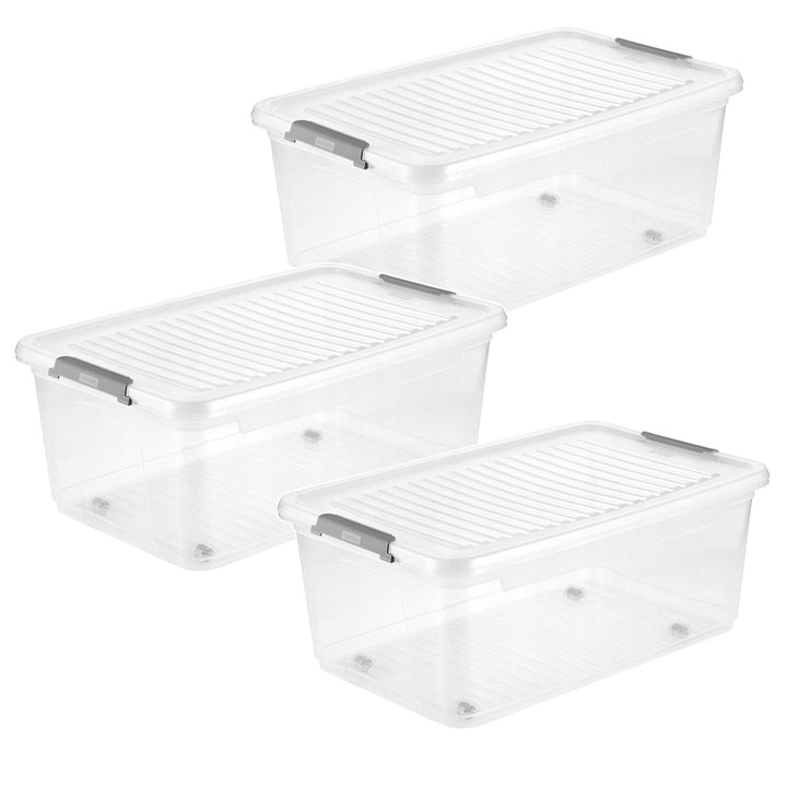 Leo Keeeper-bak met deksel, inhoud 37 liter, kleurloos, voorzien van wieltjes, deksel met clips te sluiten, 3 stuks