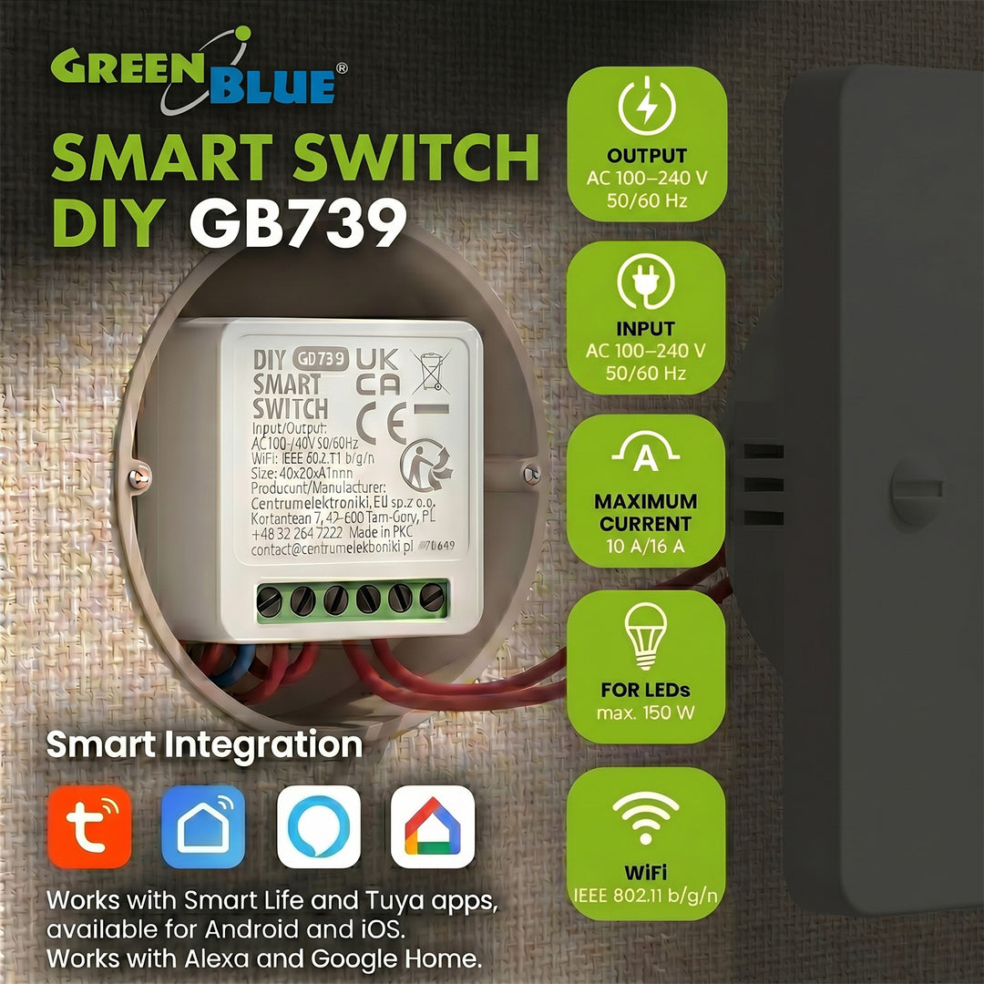 GreenBlue inbouw-wifi-relais, Android/iOS/Alexa/Google Home, 100-240 V AC, 50/60 Hz, max. 16 A, voor LED 150 W, GB739, 3 stuks