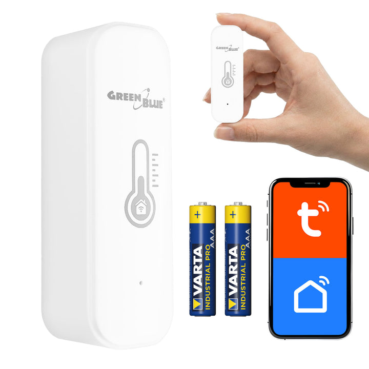 GreenBlue WiFi-temperatuur- en vochtigheidssensor, Android/iOS/Alexa/Google Home, 3,0 V DC, LR03x2, GB737 + 2x R-03 LR03 AAA-alkalinebatterij van Varta Industrial 4003