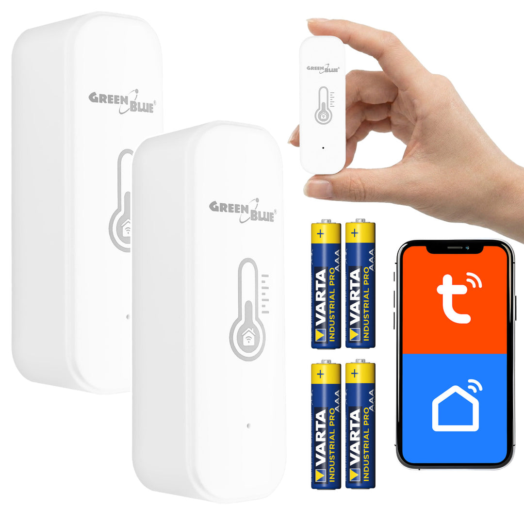 GreenBlue WiFi-temperatuur- en vochtigheidssensor, Android/iOS/Alexa/Google Home, 3,0 V DC, LR03x2, GB737 2 stuks + 4x Varta Industrial 4003 AAA-alkalinebatterijen