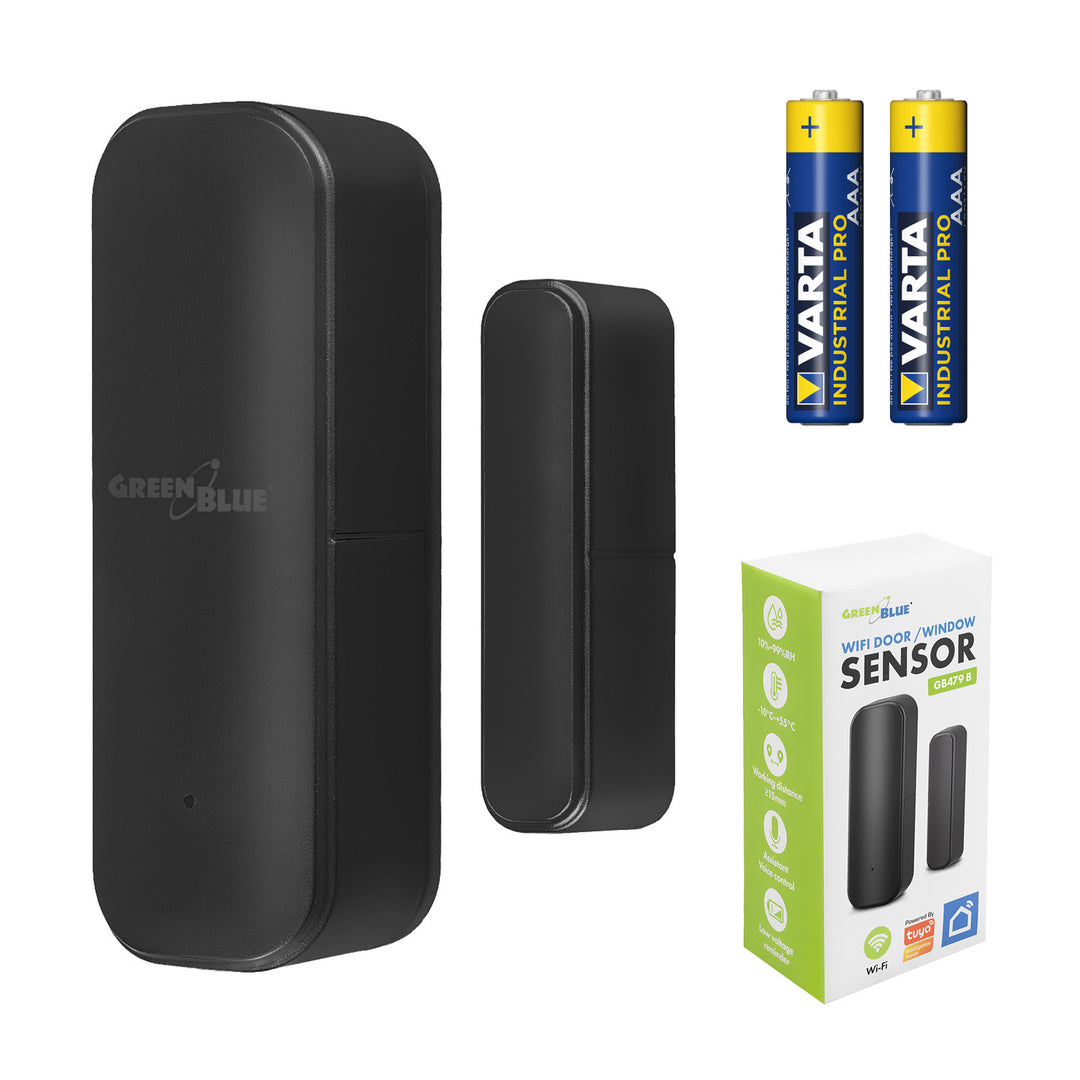 GB479 B Draadloze reedschakelaar / WiFi-openingssensor van GreenBlue, Android/iOS, voor deuren / ramen, 3,0 V DC, LR03x2, GB479 B + 2x R-03 LR03 AAA-alkalinebatterij van Varta Industrial 4003