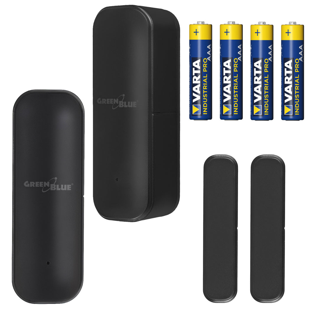 Draadloze reedschakelaar / WiFi-openingssensor van GreenBlue, Android/iOS, voor deuren / ramen, 3,0 V DC, LR03x2, GB479 B, 2 stuks + 4x AAA-alkalinebatterij van Varta Industrial 4003