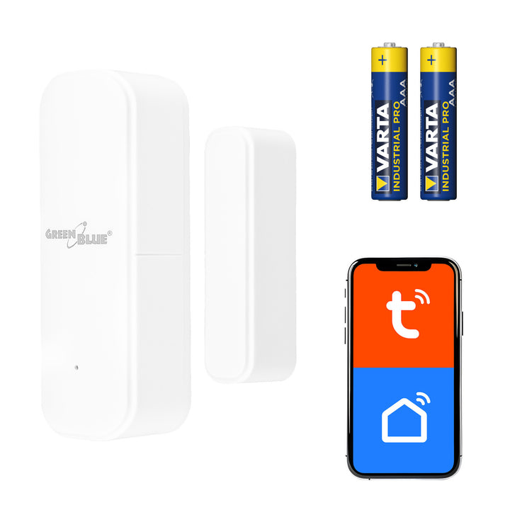 Draadloze contactschakelaar / WiFi-openingssensor GreenBlue, Android/iOS, voor deuren / ramen, 3,0 V DC, LR03x2, GB479 W + 2x R-03 LR03 AAA-alkalinebatterij Varta Industrial 4003
