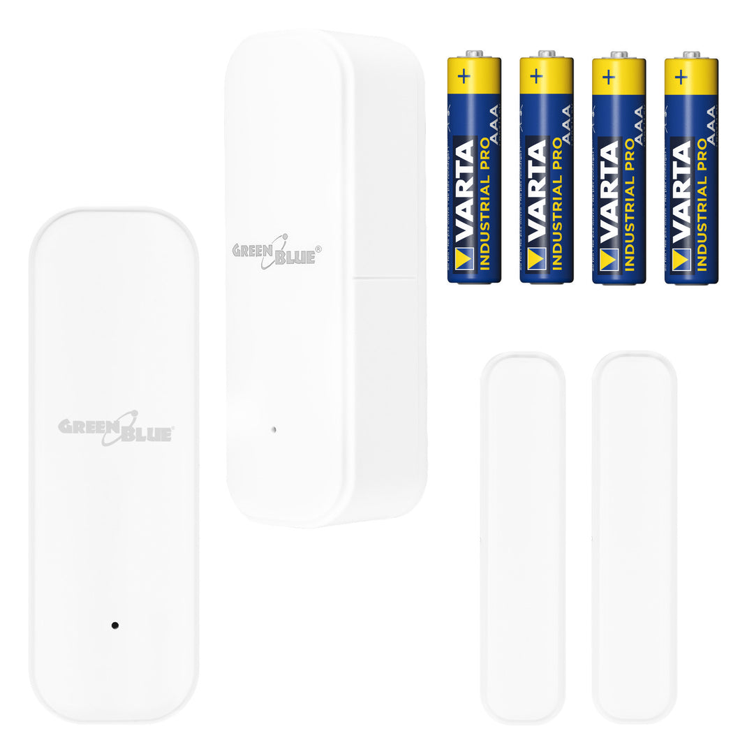 Draadloze contactschakelaar / WiFi-openingssensor van GreenBlue, Android/iOS, voor deuren / ramen, 3,0 V DC, LR03x2, GB479, 2 stuks  + 4x Varta Industrial 4003 AAA-alkalinebatterijen