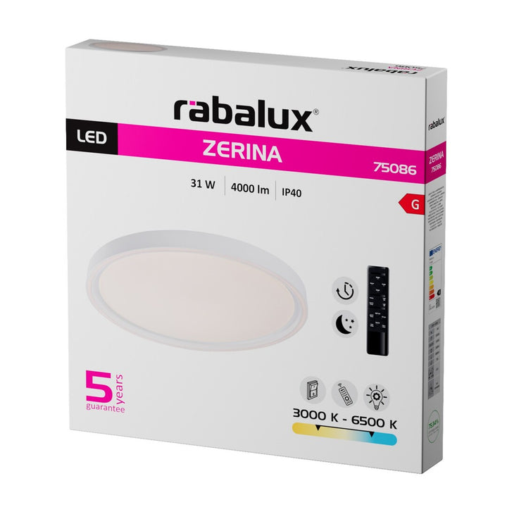 Rabalux Zerina plafondlamp, 31 W, IP40, wit, 3000-6500 K, geheugenfunctie, met afstandsbediening, timerfunctie, nachtlampje-effect, 75086