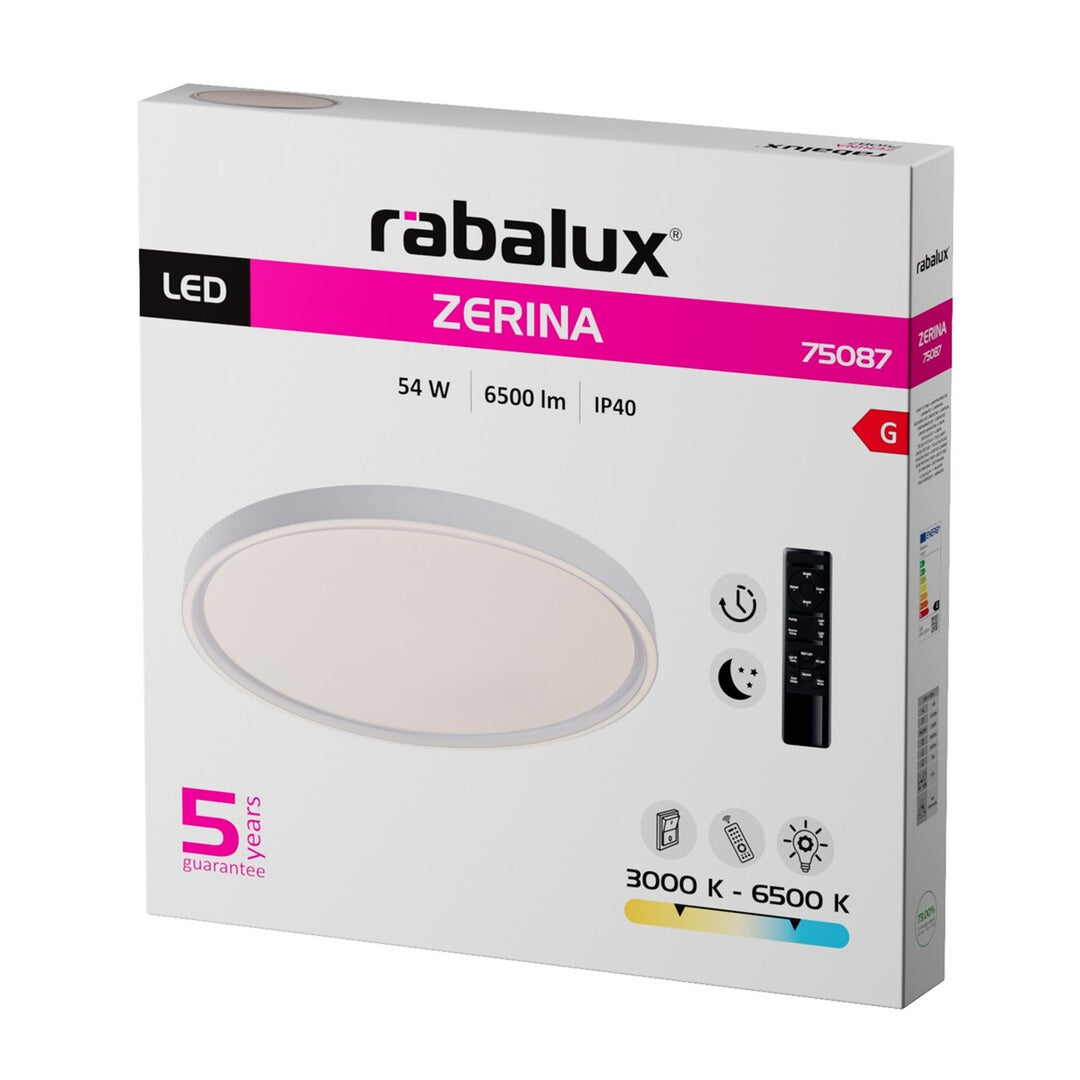 Rabalux Zerina plafondlamp, 54 W, IP40, wit, 3000-6500 K, geheugenfunctie, met afstandsbediening, timerfunctie, nachtlampje-effect, 75087