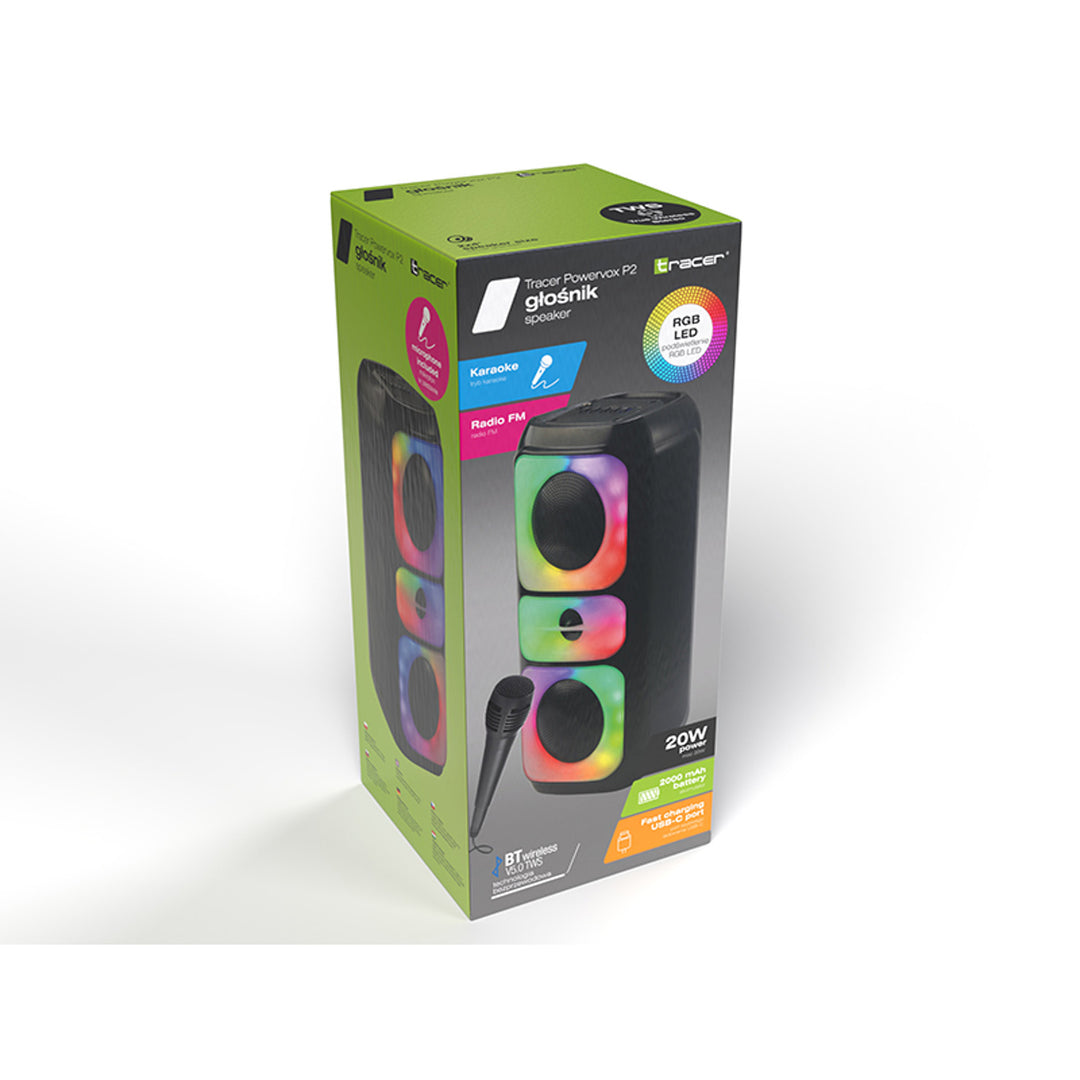 Tracer draadloze luidspreker, Bluetooth 5.0, RMS-vermogen 20 W, karaokemodus, microfoon, Powervox P2 TWS