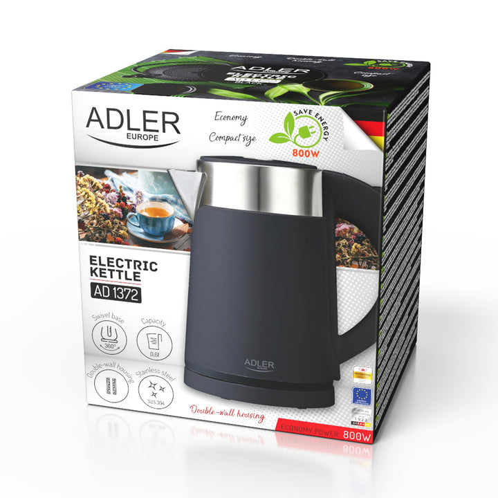 Adler waterkoker, van metaal, 0,6 l, stil, vermogen 800 W, zwart. AD 1372