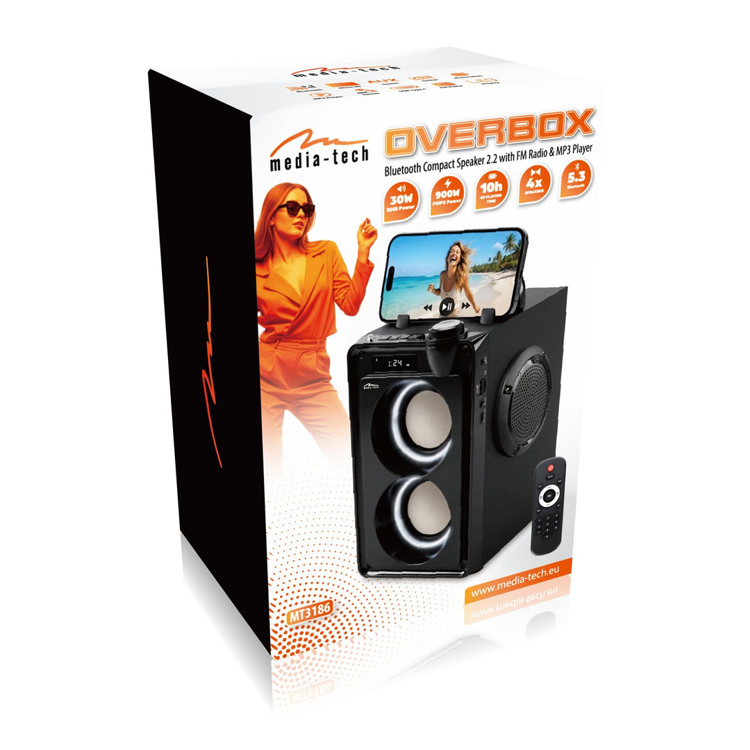 Draagbare Bluetooth-luidspreker OVERBOX MT3186, FM-radio, ondersteuning voor SD-kaarten en USB, RMS-vermogen 30 W, Mediatech