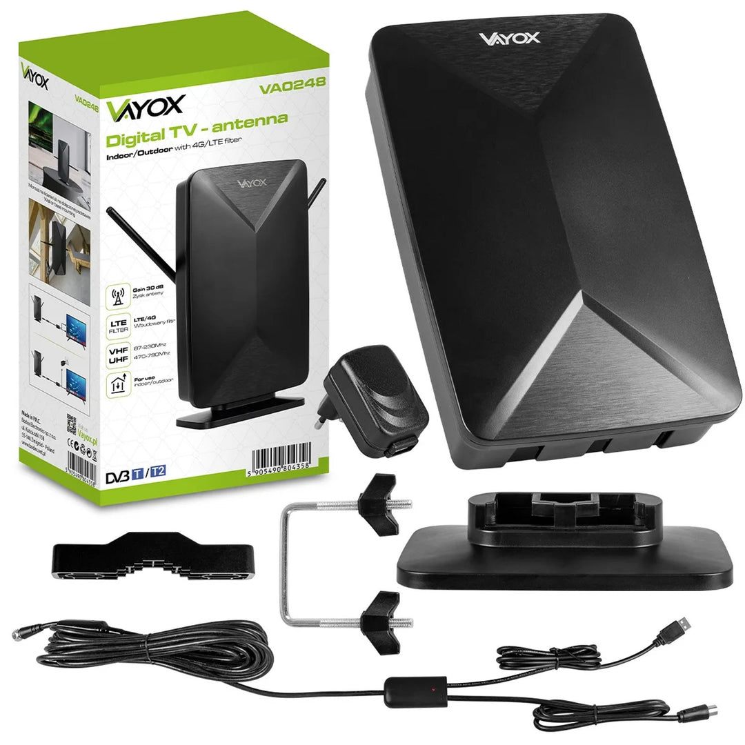 Actieve antenne, voor binnen, voor buiten, DVB-T2, 4K-terrestrische tv, Vayox