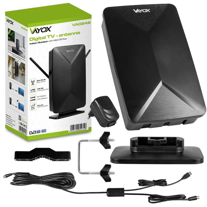 Actieve antenne, voor binnen, voor buiten, DVB-T2, 4K-terrestrische tv, Vayox