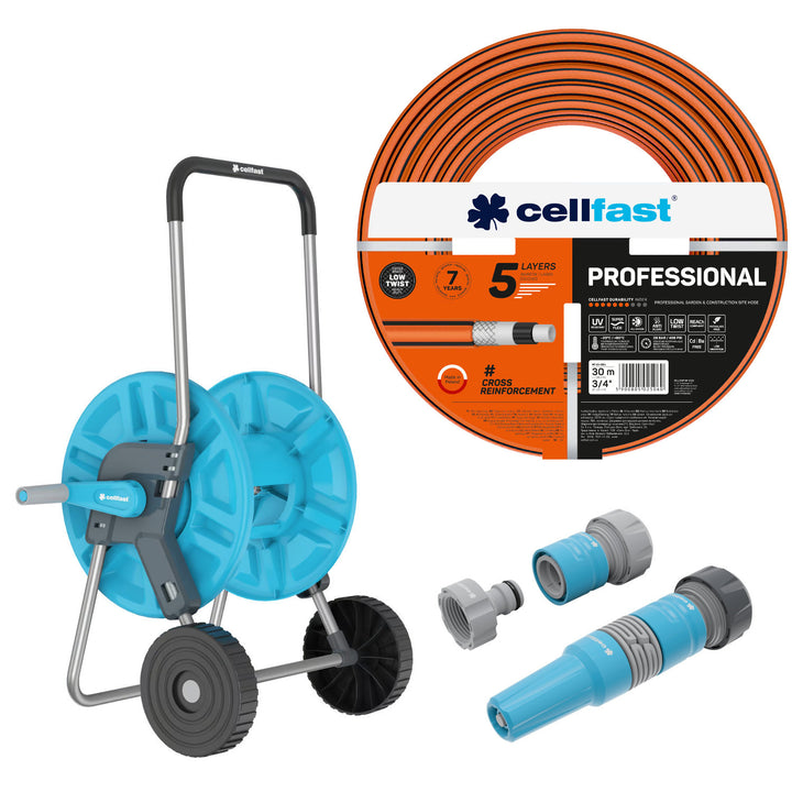 Cellfast-tuinslang, PROFESSIONAL 3/4" 30 m + Set met rechte sproeier 3/4" IDEAL + Cellfast Aluplus-slangwagen 1/2" 60 m