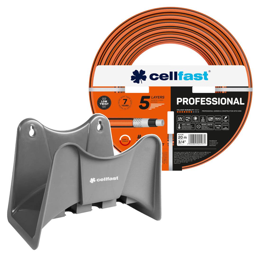 Cellfast-tuinslang, PROFESSIONAL 3/4" 20 m + Cellfast-slanghouder, grijs