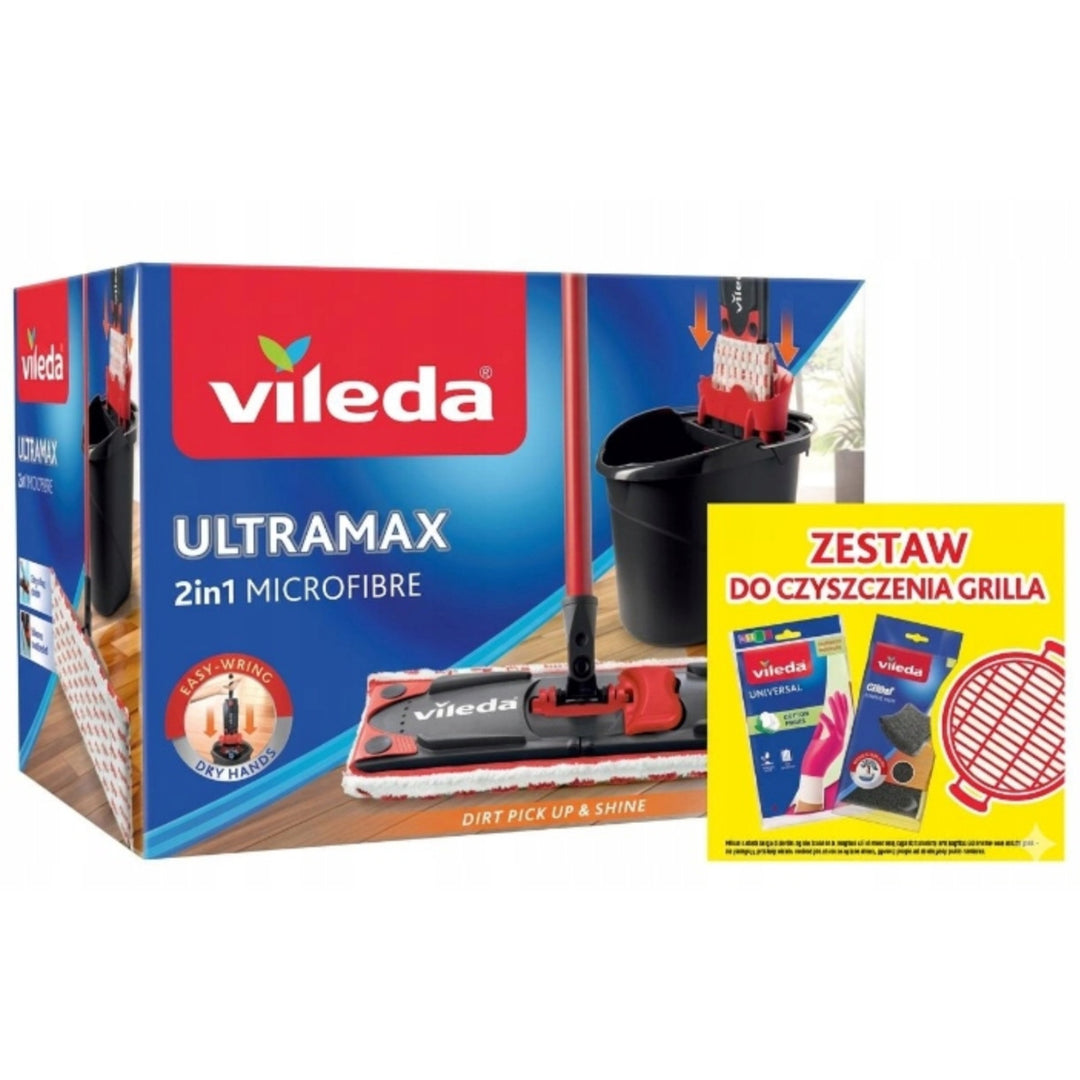 Set met Ultramax-vlakmop + Universal-handschoenen + 2 Glitzi-schuursponsjes van Vileda, Contactloos uitperssysteem, Twee soorten vezels, 177453